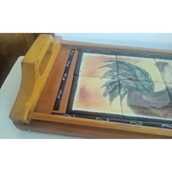 Vintage Handled Wooden Tray with Ceramic Tile Inlaid Rooster Artist Signed - Picture 11 of 13